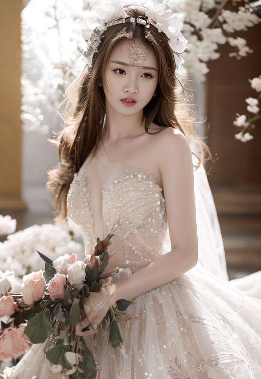 masterpiece,(best quality:1.3),ultra high res,raw photo,detailed skin,beautiful lighting,(realistic,photo-realistic:1.4),closed mouth,1girl,<lora:WeddingDressV1:1>,hunsha,