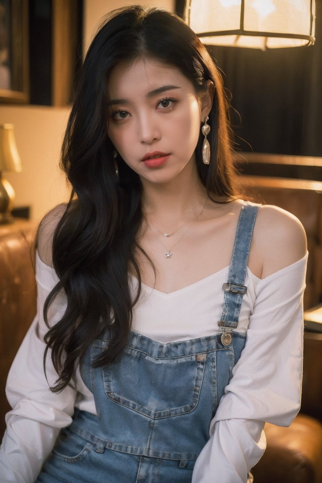 Best Quality,Masterpiece,Ultra High Resolution,(Realisticity:1.4),Original Photo,Cinematic Lighting,HongKong style,HongKong, 1girl, sitting, solo, realistic, jewelry, black hair, necklace, long hair, overalls, looking at viewer, ring, photo inset, reference inset, off shoulder, lips, bare shoulders, parted lips