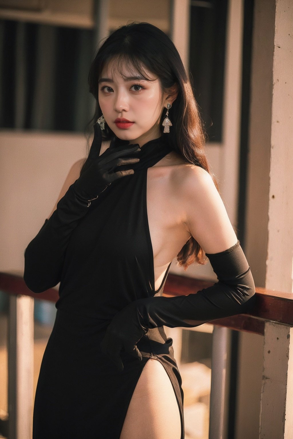 Best Quality,Masterpiece,Ultra High Resolution,(Realisticity:1.4),Original Photo,Cinematic Lighting,HongKong style,HongKong, 1girl, black dress, dress, photo inset, gloves, black hair, black gloves, long hair, elbow gloves, jewelry, earrings, reference inset, solo, sleeveless dress, standing