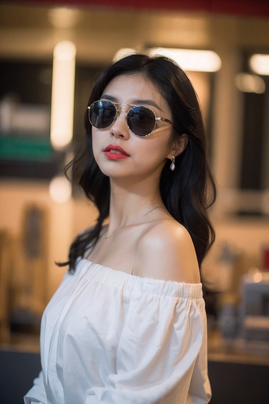 Best Quality,Masterpiece,Ultra High Resolution,(Realisticity:1.4),Original Photo,Cinematic Lighting,HongKong style,HongKong, 1girl, black hair, solo, sunglasses, blurry, blurry background, long hair, shirt, upper body, red lips, white shirt, realistic, looking to the side, black eyes, lips, off shoulder, looking at viewer