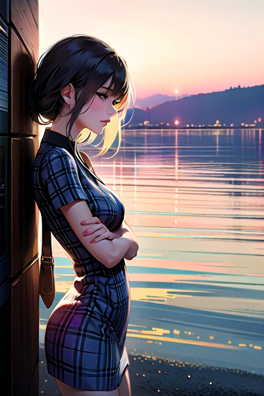 1girl,crossed arms,from side, plaid dress,pier