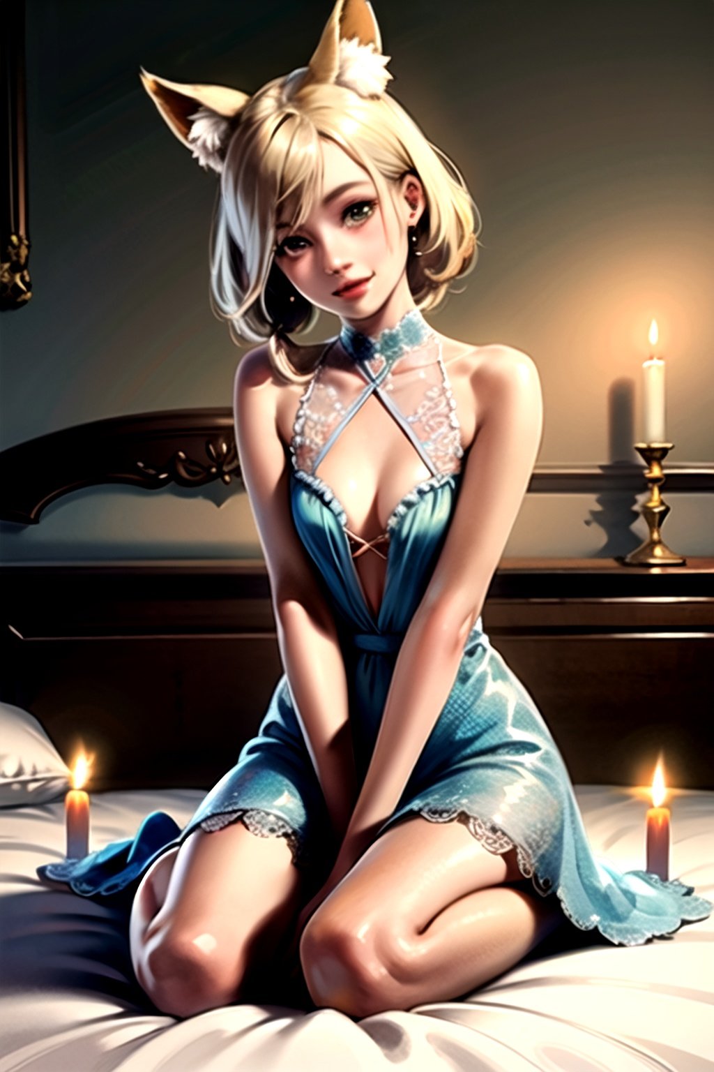 little,yokozuwari,hands between legs,head tilt,smile,(beige hair),See Through,bed,earring,candle,(twintail:0.8),fox ear,beautiful skin,small tits,high resolution,beautiful face,beautiful skin,beautiful eyes,(realistic:1.2),16k,shiny hair,cute room,full (body:1.1),dress,frill,lace,bow