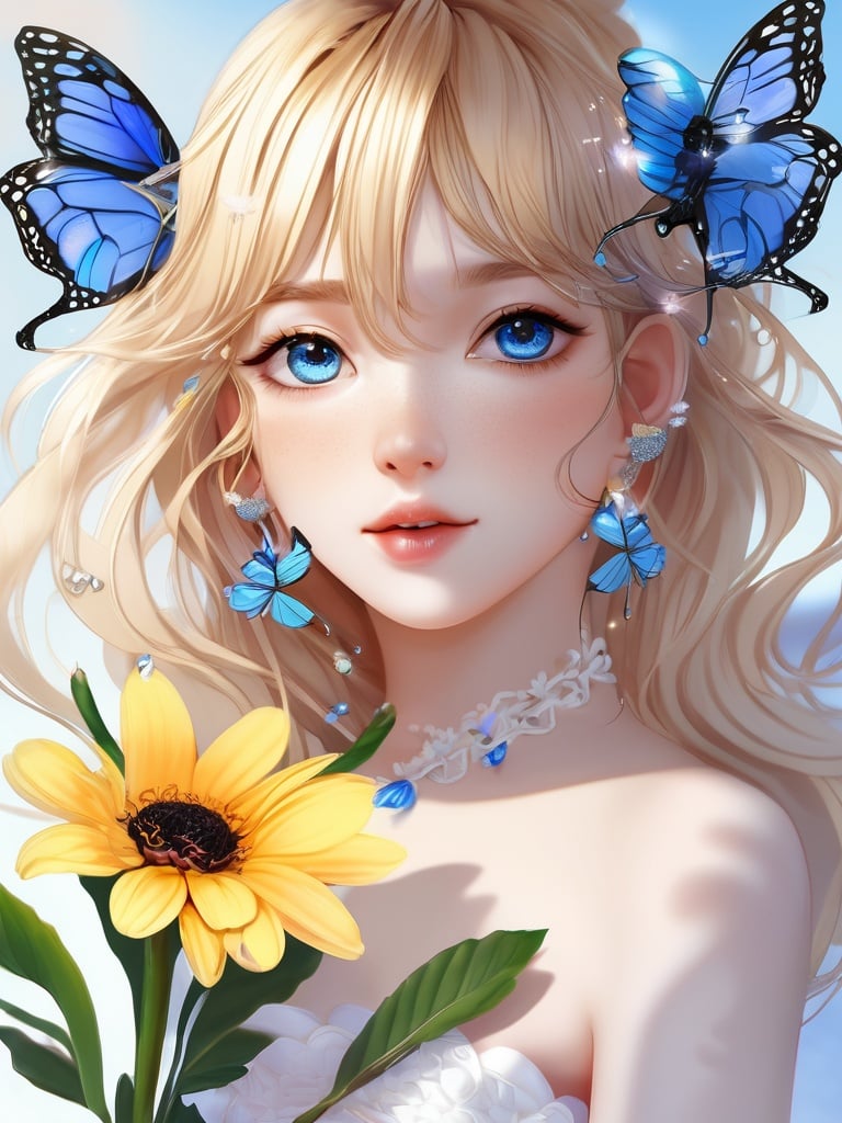 (8k, best quality, masterpiece), (ultra-detailed:1.1), (high detailed skin),(full body:1.1),1girl, solo, butterfly, portrait, blue eyes, bug, earrings, looking at viewer, jewelry, flower, eyelashes, close-up, closed mouth, bangs, hair between eyes, hair flower, hair ornament, long hair, dappled sunlight, blue butterfly, sunlight, white flower, lips, shadow, eye focus, blonde hair<lora:lolita animev2:1>