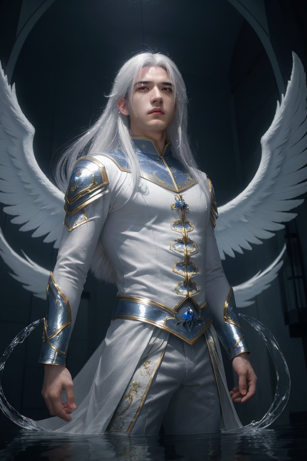 masterpiece, best quality,reflecting lights in background,cinematic lighting, cinematic atmosphere,,1boy, adult, man,, (long white hair:1), (mahou shoujo,), solo, looking down, detailed background, detailed face, shiny, dynamic pose,water sprit, <lora:xiangrong-000008:0.8>