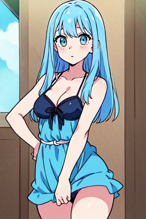 (Masterpiece), (Best Quality), Official Art, One Little Girl, Lori with Pale Light Blue Hair, Sundress, Sleeveless, Small Breasts, Cleavage, Thigh Focus