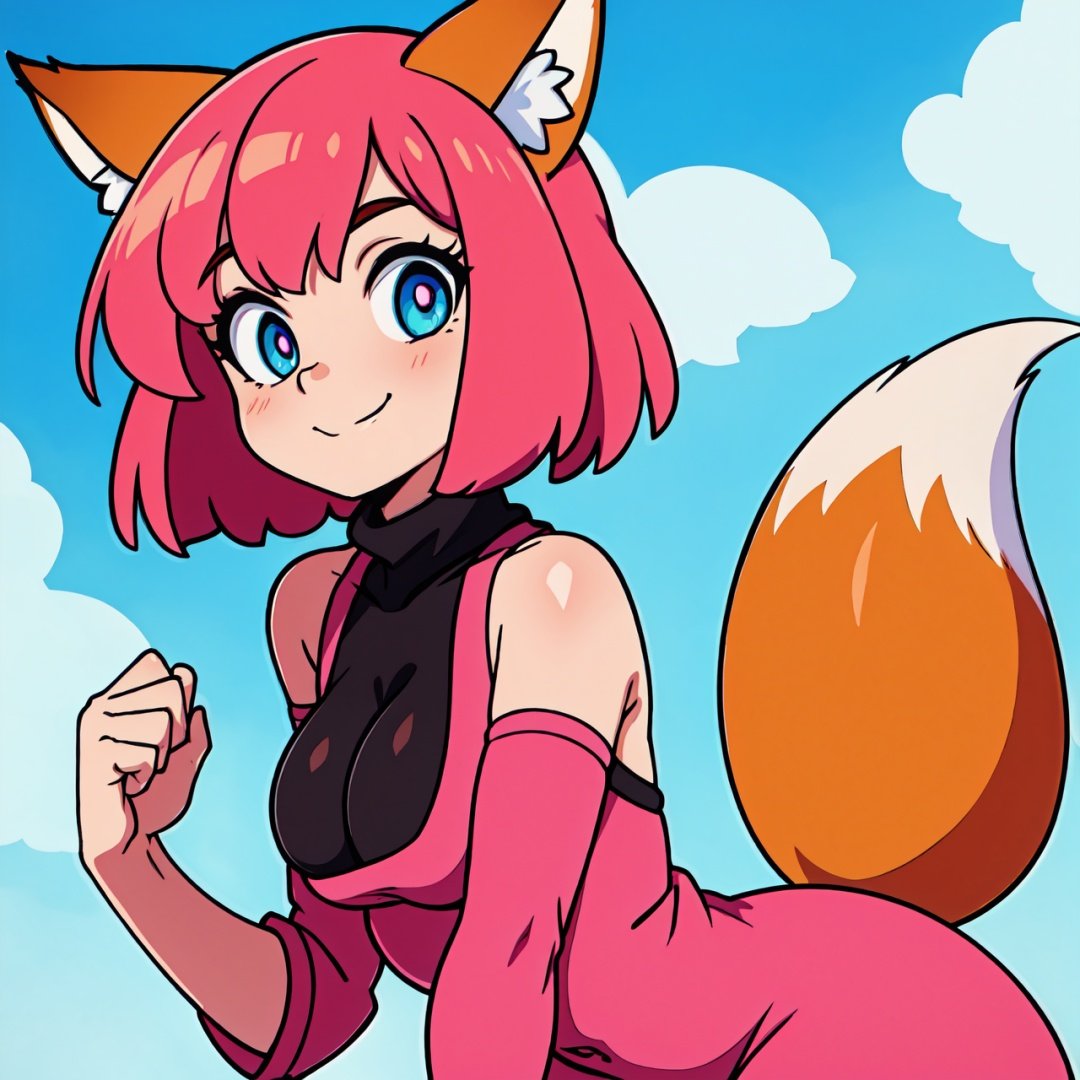 Adult woman, short pink hair, Fox ears, Fox tails, colorful eyes, tight dress, ssmile, Masterpiece, hiquality