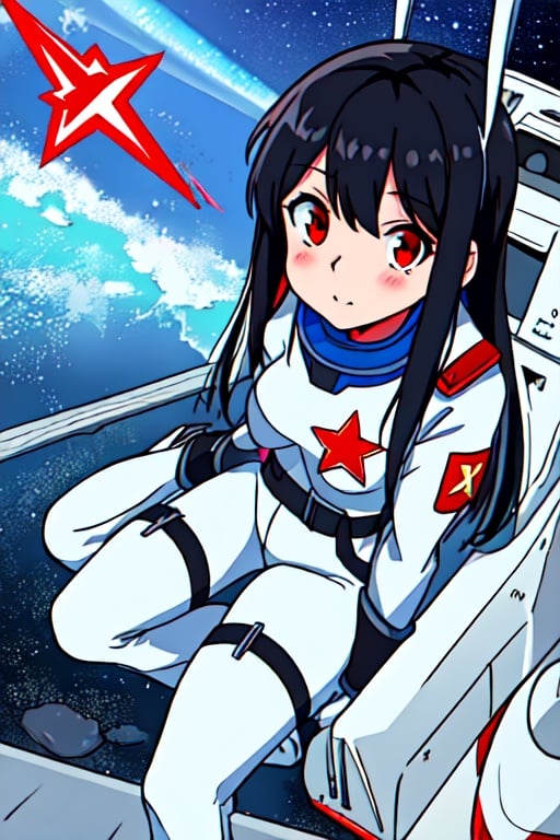 1girl, flat_breasts, cute, beautiful detailed eyes, shiny hair, visible through hair, hairs between eyes, CCCPposter, sovietposter, red monochrome, soviet poster, soviet, communism, Black_hair, red_eyes, vampire, teenage, poorbreast, Spacesuit:Orange_clothing_body:jumpsuit), white_gloves, white_space shoes, white_helmet, the CCCP red letters on the top of helmet, weightlessness, Side light, reflection, The person in the spacesuit is at the bottom left of the frame, The right hand is outstretched, the right hand gently touches the Salyut space station), Space station in the upper right corner of the screen, Reflected light from the sun, Silver metal, red flag, brilliance, USSR style, diffuse reflection, Metallic texture, The vista is a blue Earth, mecha style, the sea of star, high tone, magnificent, k4k3k, anime