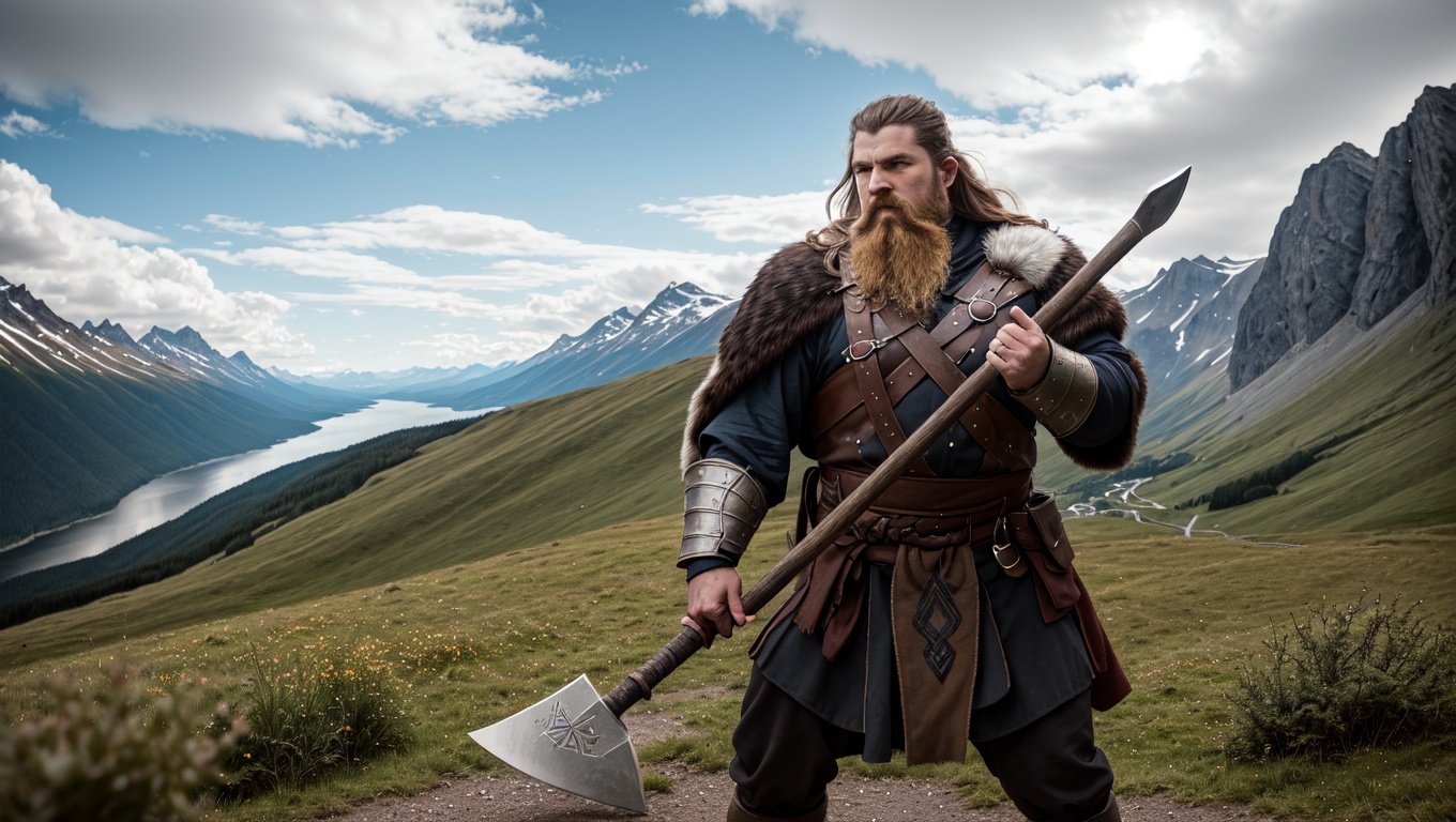 an awarded photography of Wulfrik the Wanderer - A fierce and bearded Norse warrior, wielding a rune-inscribed great axe., at Foehn Wind: A warm and dry wind that descends down a mountain slope, causing rapid temperature changes. , masterpiece, ultrasharp, depth of field and boekh, best quality, 