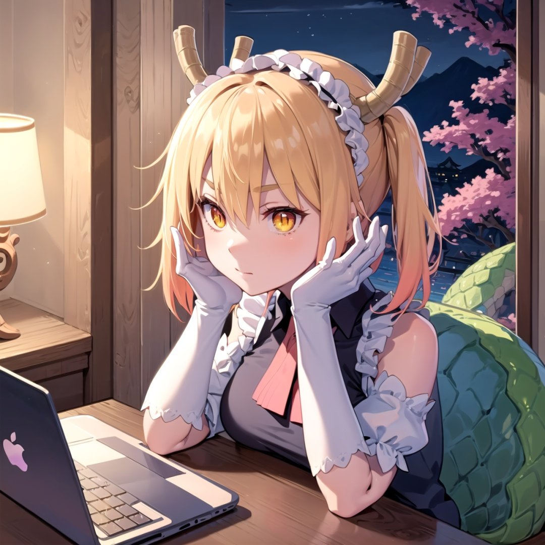 masterpiece, best quality, 1girl, v-shaped_eyebrows, yellow eyes, medium hair, ladder, cherry blossoms, temple, dragon girl, detached sleeves, anime, typing on a macbook laptop, concentrated, looking at the laptop, at night, good lamp lighting, 2hands, 5 fingers on each hand