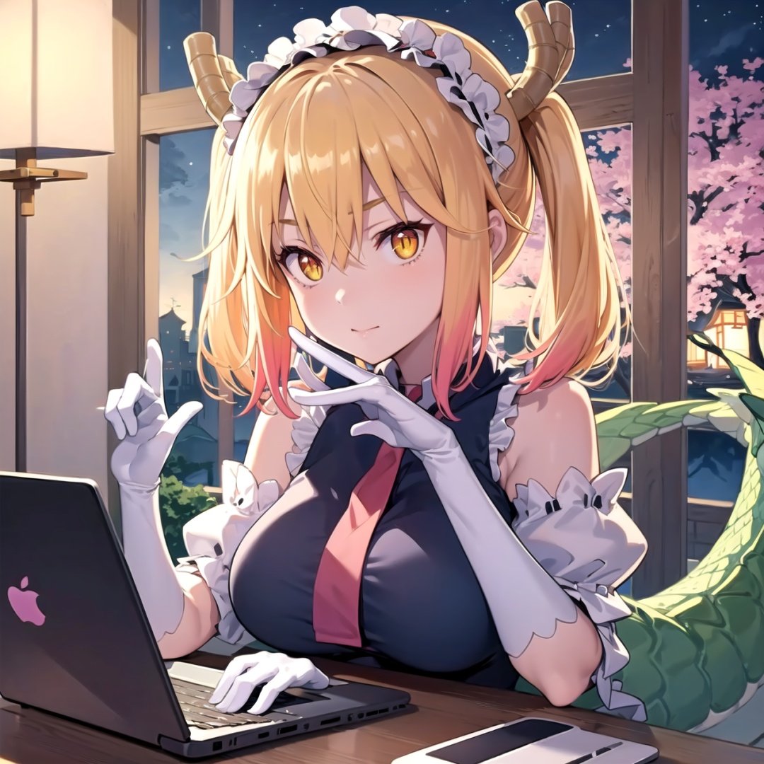 masterpiece, best quality, 1girl, v-shaped_eyebrows, yellow eyes, medium hair, ladder, cherry blossoms, temple, dragon girl, detached sleeves, anime, typing on a macbook laptop, hands on keyboard, concentrated, looking at the laptop, at night, good lamp lighting, 2hands, 5 fingers on each hand