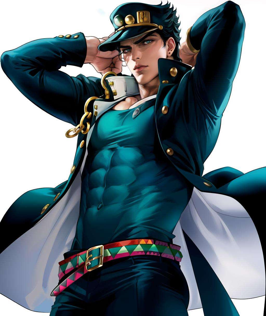 [semi realism, masterpiece, best quality, anime, highly detailed face, perfect anatomy:5], (kujo jotaro, solo), arms above head, chain, coat, belts, (blue greenish Eyes, black Hair), 1boy, Muscular Man, <lora:jotaro:0.66> <lora:sakimichan-v1.6-lora-naivae-newcraft:0.44> muscular, medium length hair