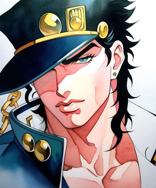 painting, signed,vintage,  paint stokes, authentic traditonal artwork,  photograph, [anime, lineart, masterpiece, best quality, anime, highly detailed face, perfect anatomy:5], (kujo jotaro, solo),portrait, (blue greenish Eyes, black Hair), 1boy, Muscular, pectorals, <lora:jotaro:0.69>  muscular, medium length hair, male focus, chain, stud earring, watercolor, dramatic, pixiv, traditional media