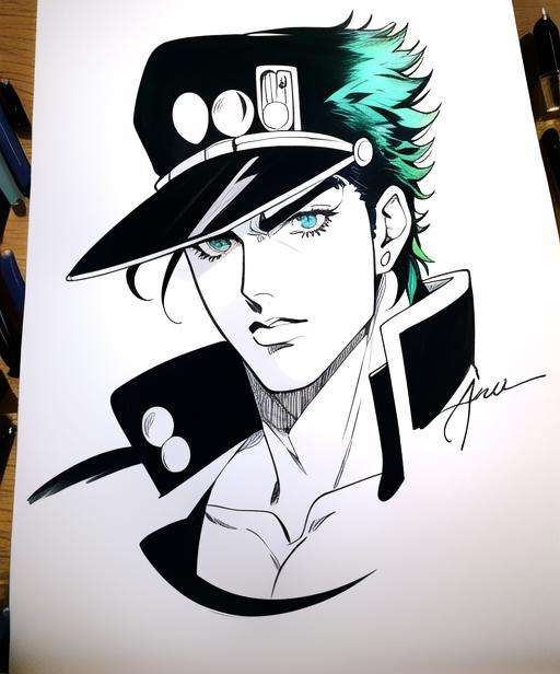 sketch, signed,vintage,  sketch, monochromatic, authentic traditonal artwork,  photograph, [anime, lineart, masterpiece, best quality, anime, highly detailed face, perfect anatomy:5], (kujo jotaro, solo),portrait, (blue greenish Eyes, black Hair), 1boy, Muscular, pectorals, <lora:jotaro:0.69>  muscular, medium length hair, male focus, chain, stud earring, ink, dramatic, pixiv, traditional media