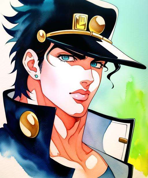 painting, signed,vintage,  paint stokes, photograph, [anime, lineart, masterpiece, best quality, anime, highly detailed face, perfect anatomy:5], (kujo jotaro, solo),portrait, (blue greenish Eyes, black Hair), 1boy, Muscular, pectorals, <lora:jotaro:0.69>  muscular, medium length hair, male focus, chain, stud earring, watercolor, dramatic, pixiv, traditional media