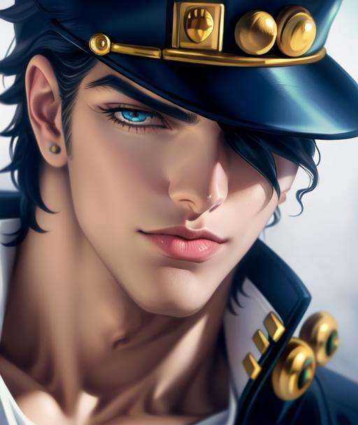 [semi realism, masterpiece, best quality, anime, highly detailed face, perfect anatomy:5], (kujo jotaro, solo), close up, portrait, (blue greenish Eyes, black Hair), 1boy, Muscular, pectorals, <lora:jotaro:0.66> <lora:sakimichan-v1.6-lora-naivae-newcraft:0.44> muscular, medium length hair, male focus, hat over one eye,