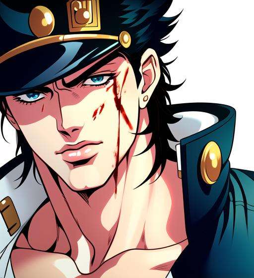 injury, blood, [anime, lineart, masterpiece, best quality, anime, highly detailed face, perfect anatomy:5], (kujo jotaro, solo), close up, portrait, (blue greenish Eyes, black Hair), 1boy, Muscular, pectorals, <lora:jotaro:0.66>  muscular, medium length hair, male focus, chain,