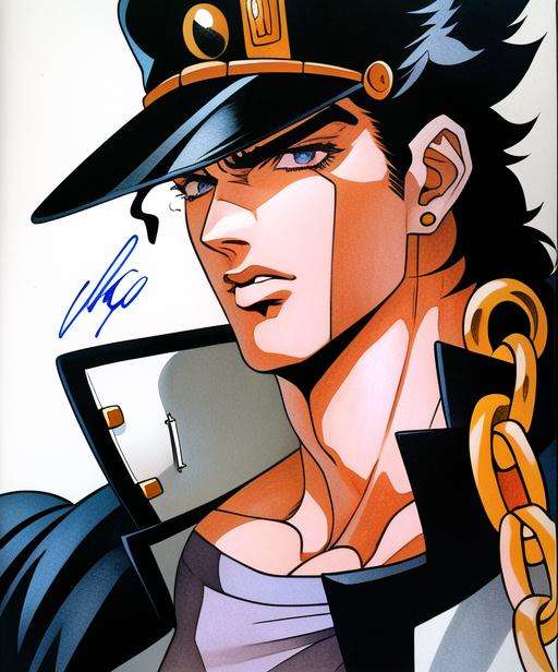 screenshot, cell frame, animation cell, signed,vintage,  colored, vhs, authentic traditional animation,  photograph, [anime, lineart, masterpiece, best quality, anime, highly detailed face, perfect anatomy:5], (kujo jotaro, solo),portrait, (detailed Eyes, black Hair), 1boy, Muscular, pectorals, <lora:jotaro:0.69>  muscular, medium length hair, male focus, chain, stud earring, ink, dramatic, pixiv, traditional media