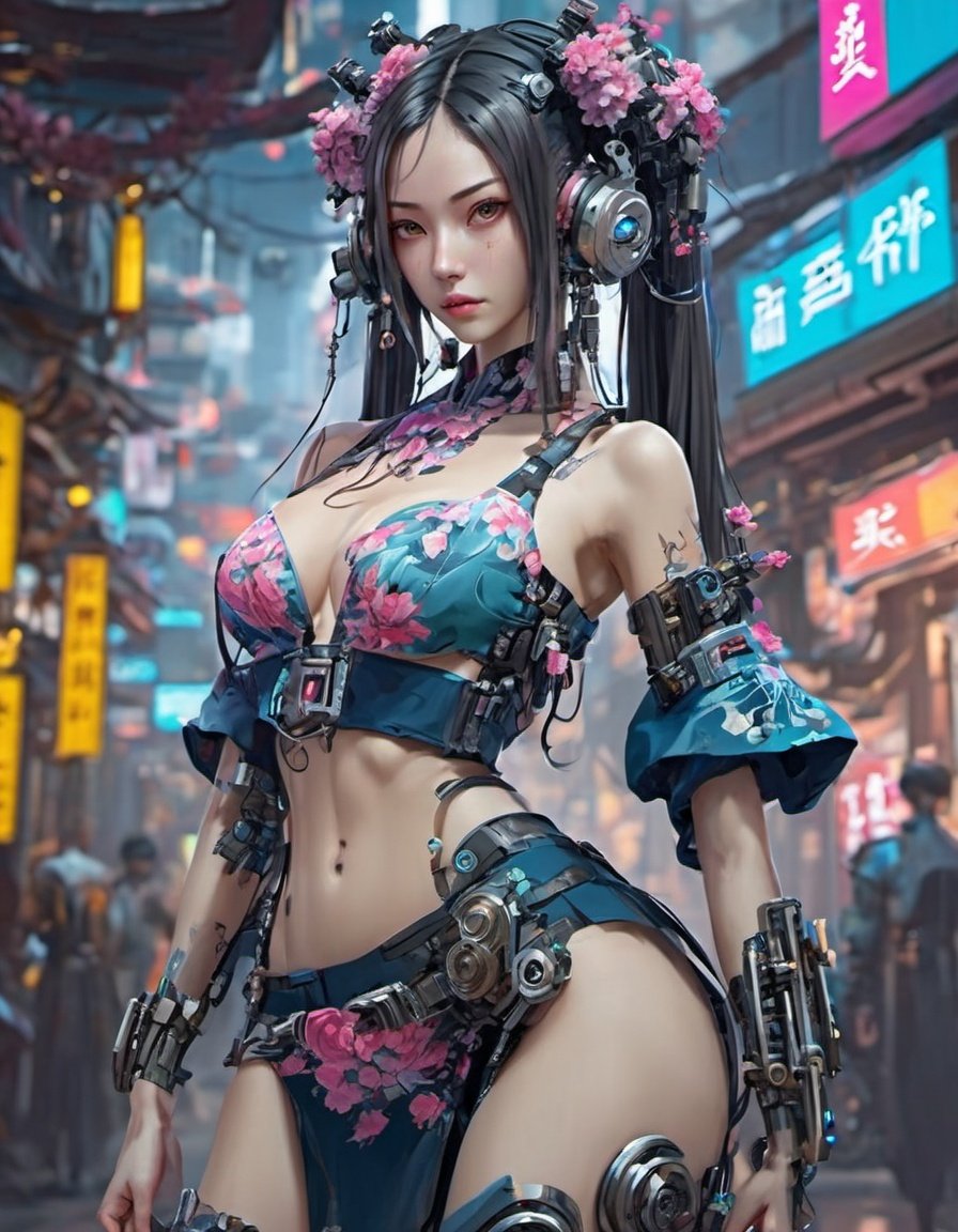 cyberpunk style, 1girl, solo, looking at viewer, chinese clothes, breasts, long hair, twintails, mechanical arms, earrings, blurry background, cyberpunk, floral print, cowboy shot<lora:cyberpunk_style_xl-off:0.8> 