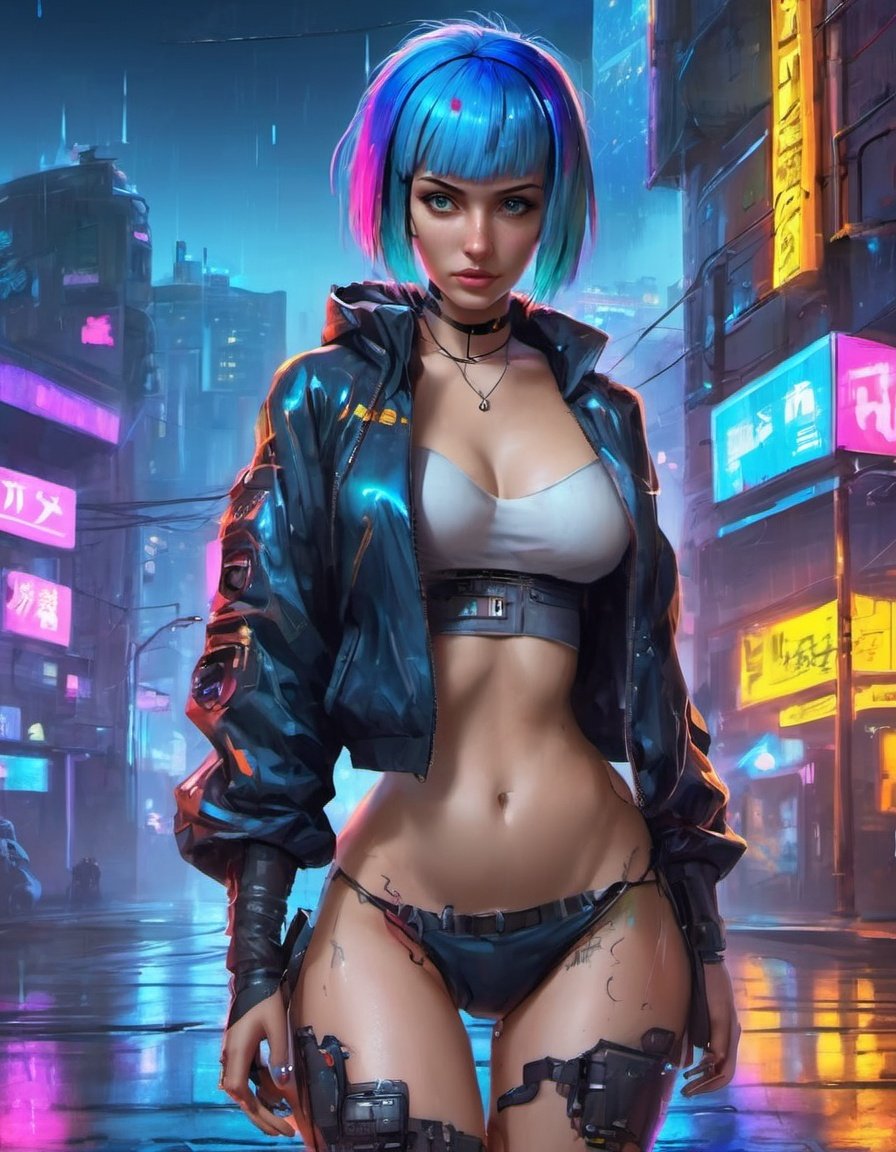 cyberpunk style, 1girl, cyberpunk, lucy (cyberpunk), solo, neon lights, multicolored hair, bangs, night, moon, realistic, breasts, lips, bare shoulders, science fiction, short hair, rain, blue hair, city, jacket, outdoors, sleeveless, medium breasts, thighs, shorts<lora:cyberpunk_style_xl-off:0.8> 