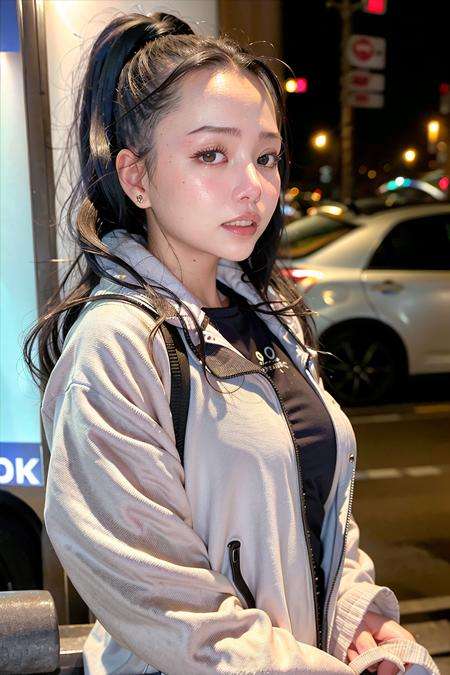 a woman, bellapoarch, Tokyo street,night, cityscape,city lights,red jacket, upper body, facial close-up, (8k, RAW photo, best quality, masterpiece:1.2),(realistic, photo-realistic:1.37)