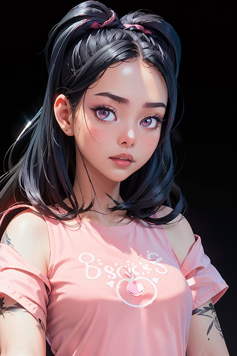 ((masterpiece)), ((high detailed)), ((best quality)), 1girl, cute face, dark blue hair with a hint of pink, teeshirt, tatoo, pink eyes, bella poarch, standing, posing, socket, black background, beautiful lighting, portrait, close up, <lora:EMS-19577-EMS:1>