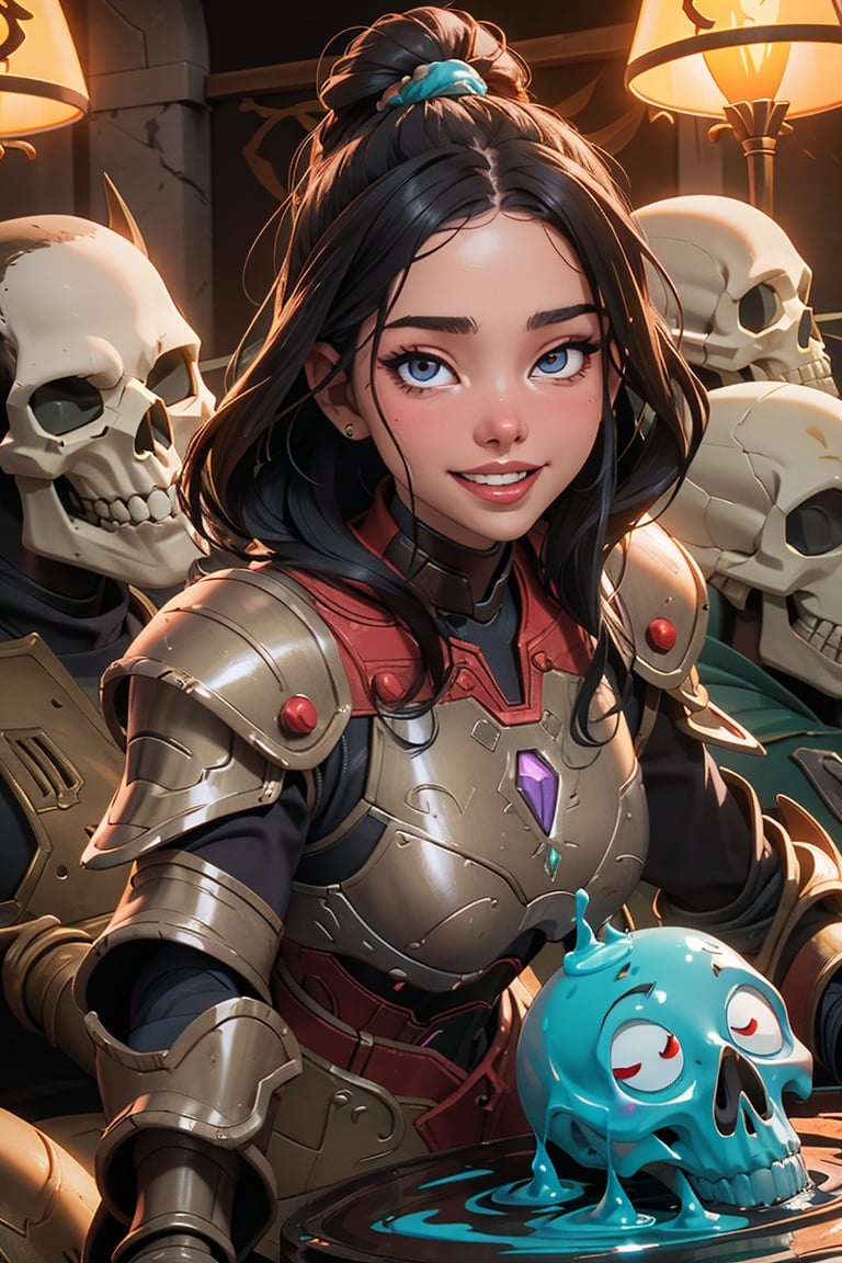 highres, masterpiece, perfect lighting, bloom, cinematic lighting, adult, perfect skin, female, looking at viewer, bella poarch, ahegao, plaguemarine, armor, power armor, skull, slime, smile, slime on, Rolling eyes, <lora:EMS-18422-EMS:0.8>, <lora:EMS-19577-EMS:0.7>