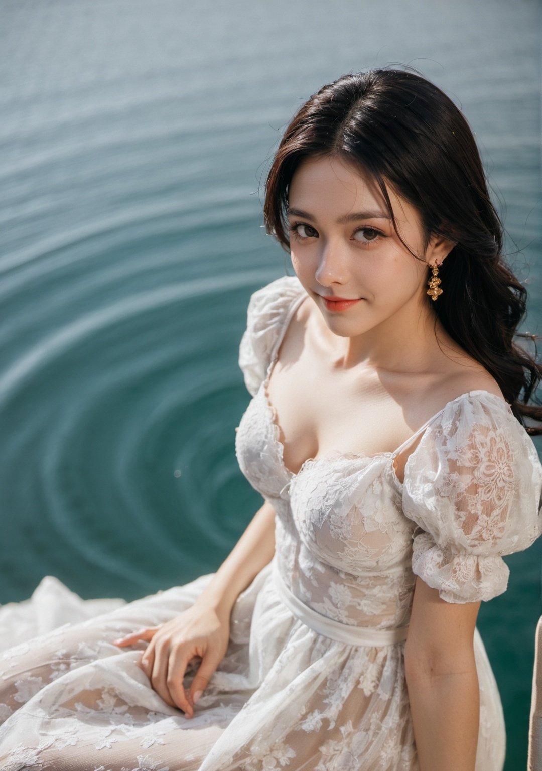 xxmix_girl,a woman in a dress is leaning over a body of water with her hands on her hips and smiling