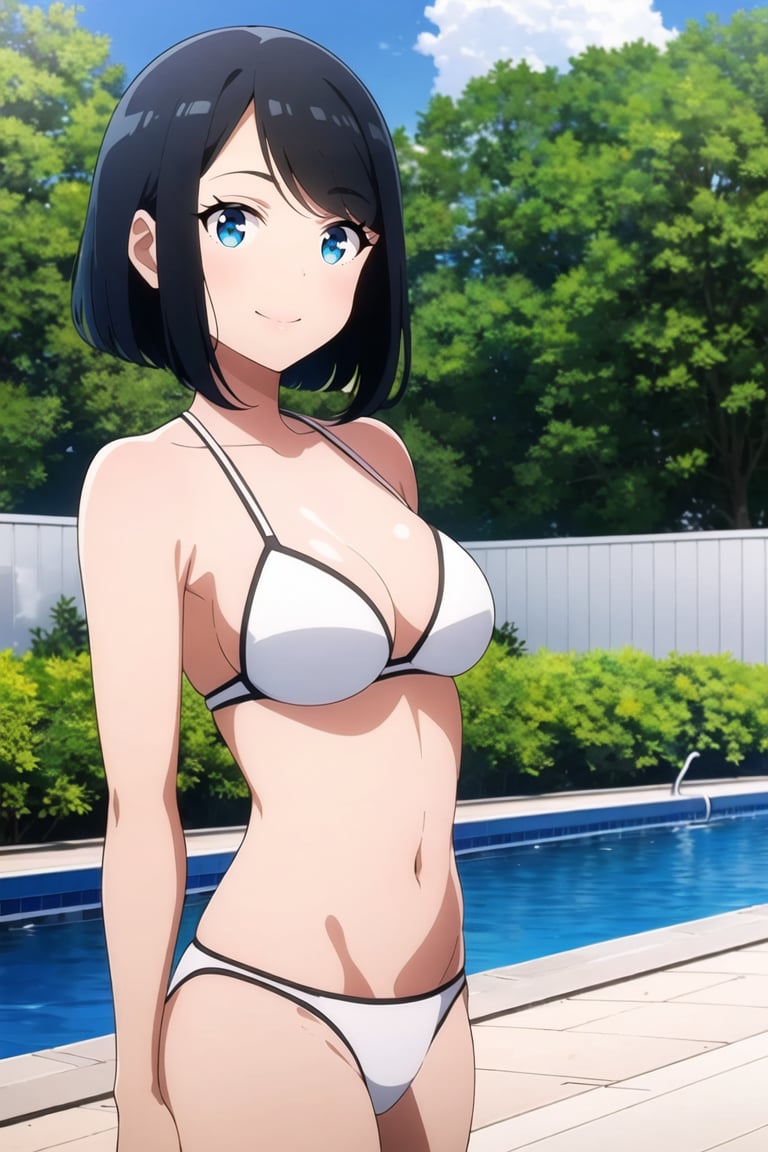 1girl,white bikini,(medium breasts:1.1),black hair,looking at viewer,standing,(swept bangs:1.3),(very short  hair,tomboy:1.1),black hair,smile,arms at sides,upper body,black hair,poolside,blue sky <lora:anmnr01AOM3A1:0.65>