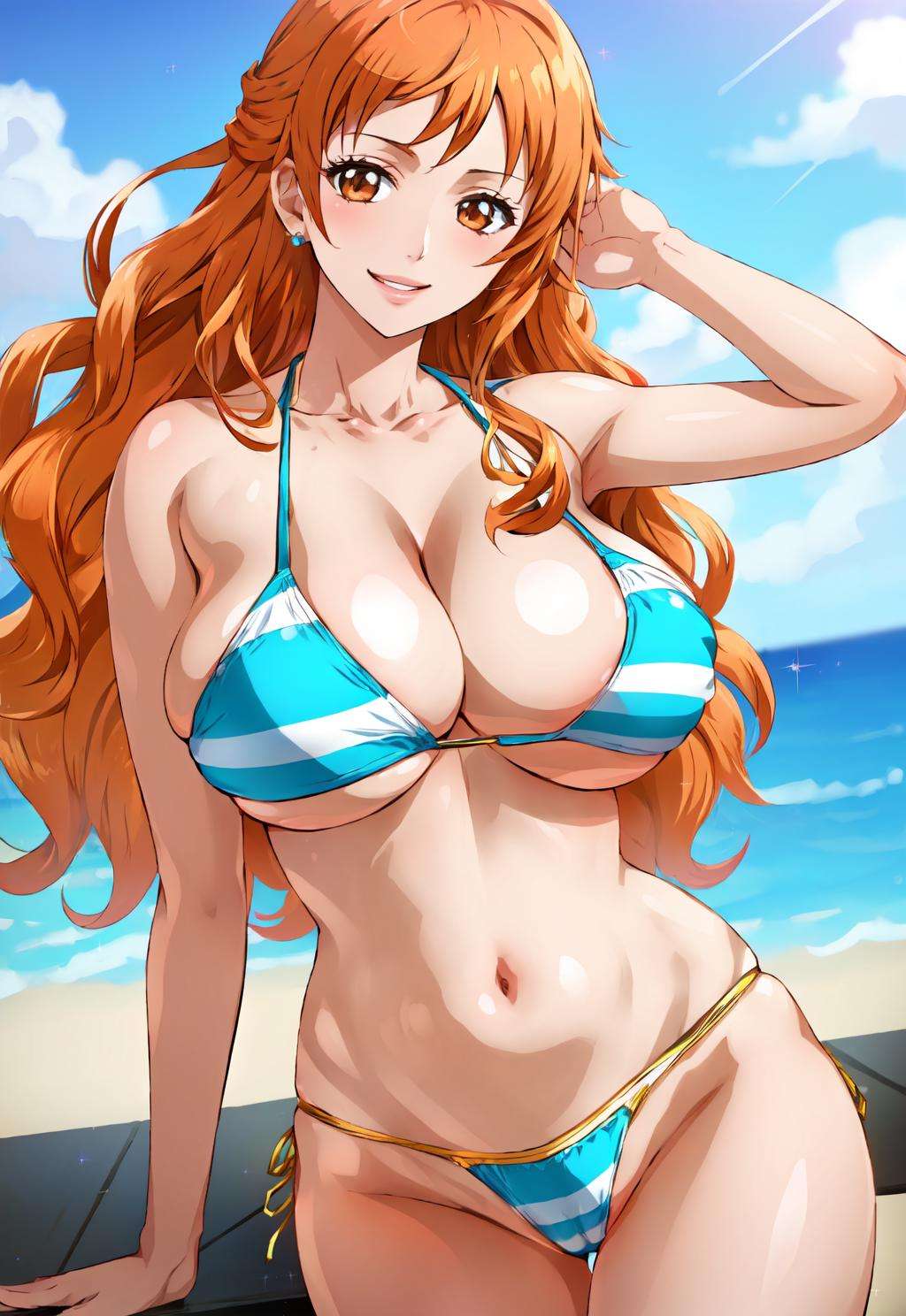 (masterpiece:1.2), (best quality:1.2) 1girl, smiling, big breasts, bikini, orange hair, namiop <lora:joyride-15:0.9> <lora:namiOP:0.7>