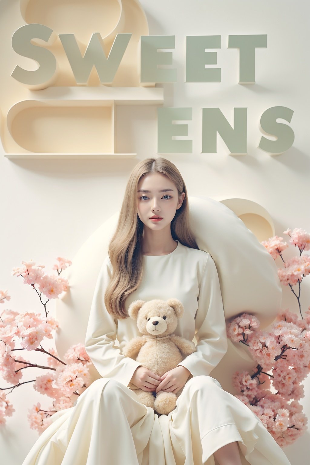 (masterpiece,best quality,beautiful and aesthetic:1.2), (high detailed skin:1.2), 8k uhd, dslr, soft lighting, high quality, film grain,1girl, cute,dress, solo, sitting, flower, stuffed toy, stuffed animal, teddy bear, long hair,