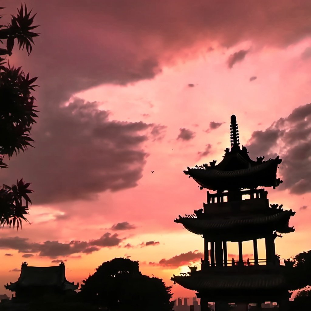 pingyao, arafed view of a pagoda tower with a sunset in the background, okinawa japan, the imperial palace, silhouette, redpink sunset, video, chinese building