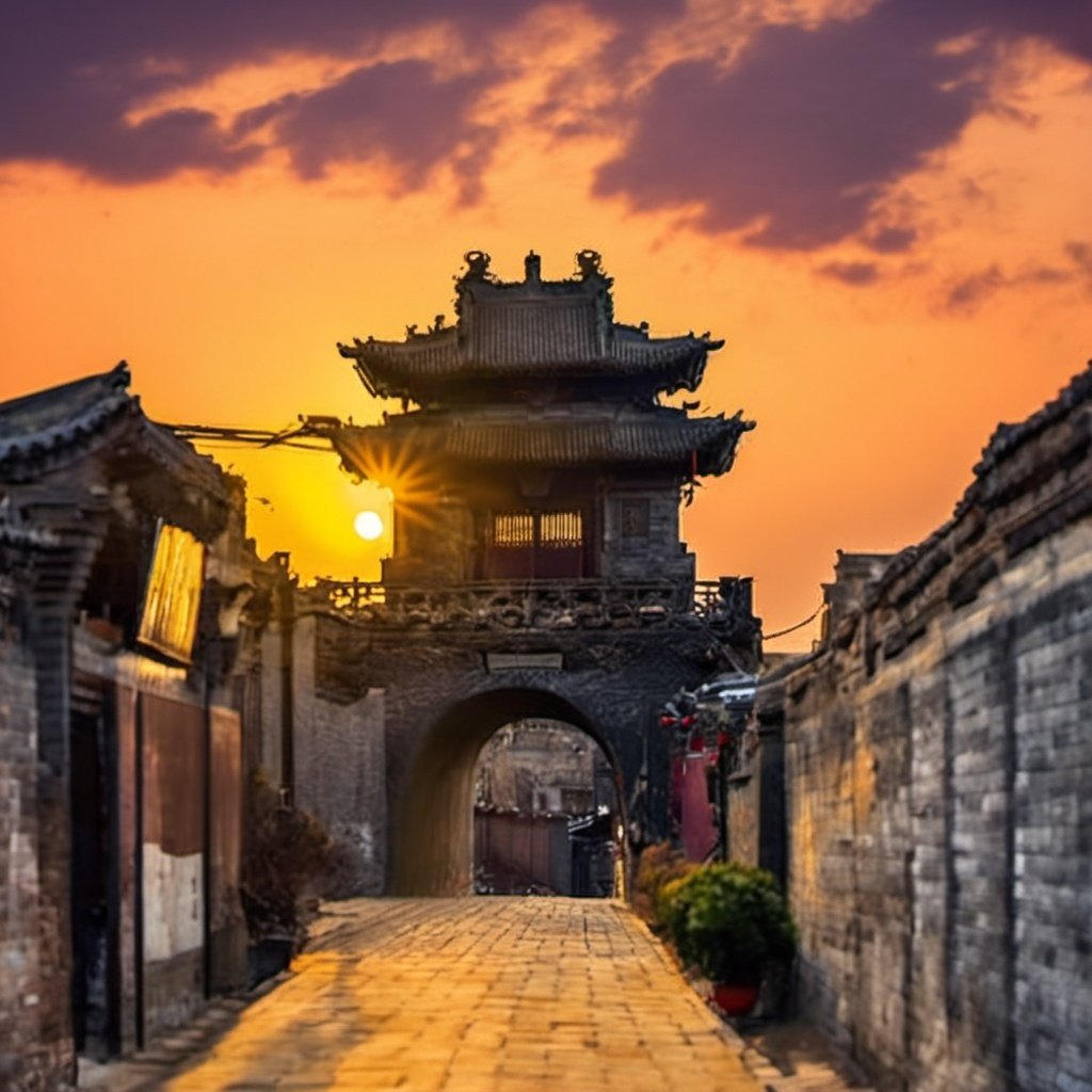 pingyao, arafed view of a pagoda on a wall with a sunset in the background, ancient china, leading to a beautiful, city wall, the, listing image