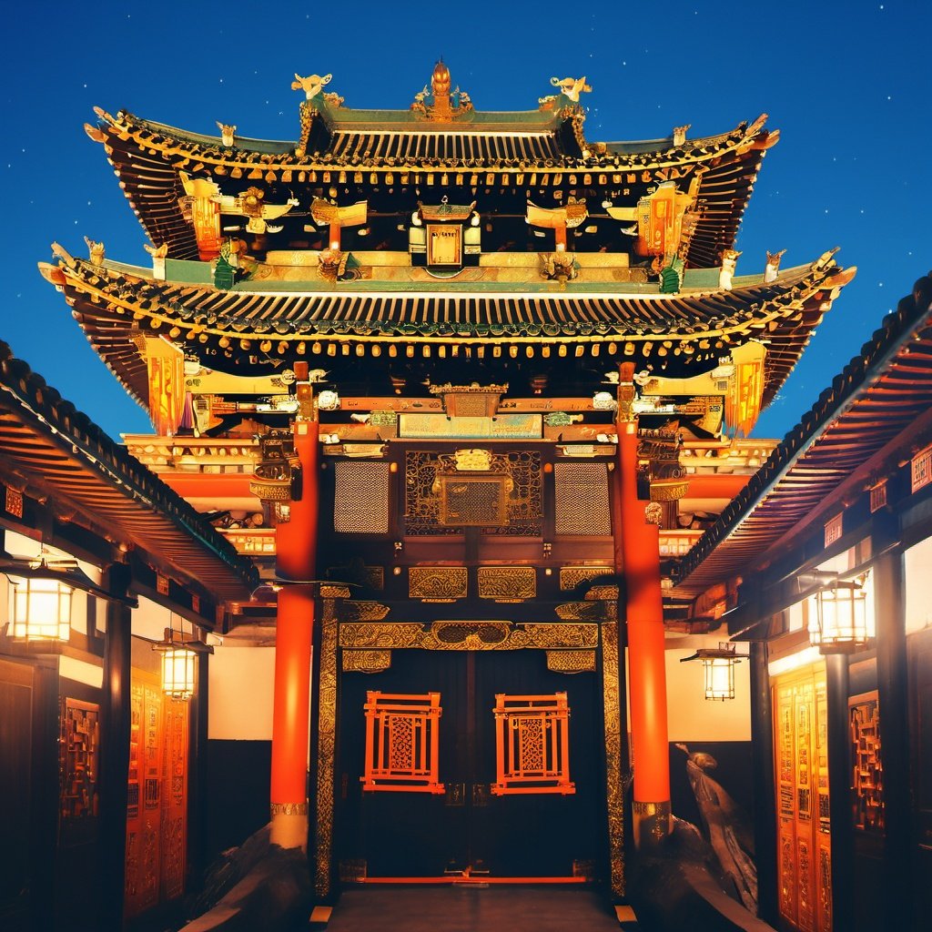 pingyao, arafed view of a street with a tall building in the background, ancient chinese ornate, night dramatic lighting, torri gate, istock, stunning grand architecture, intricate background, chengwei pan, ancient temple, hyper detailed photo, palace, ruxing gao, trending, ancien chinese tower, tang dynasty palace, beautiful hyperdetailed