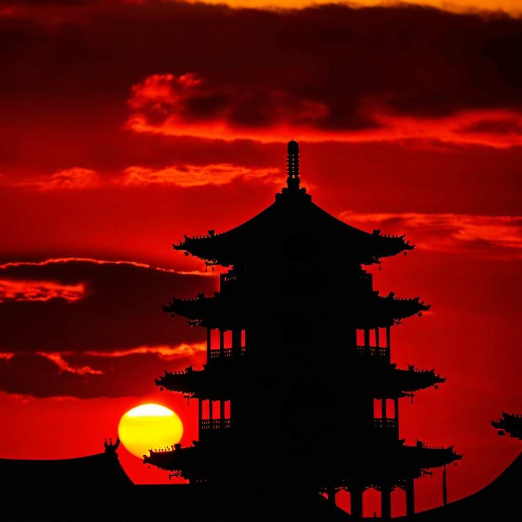 pingyao, arafed view of a pagoda tower with a sunset in the background, okinawa japan, the imperial palace, silhouette, redpink sunset, video, chinese building