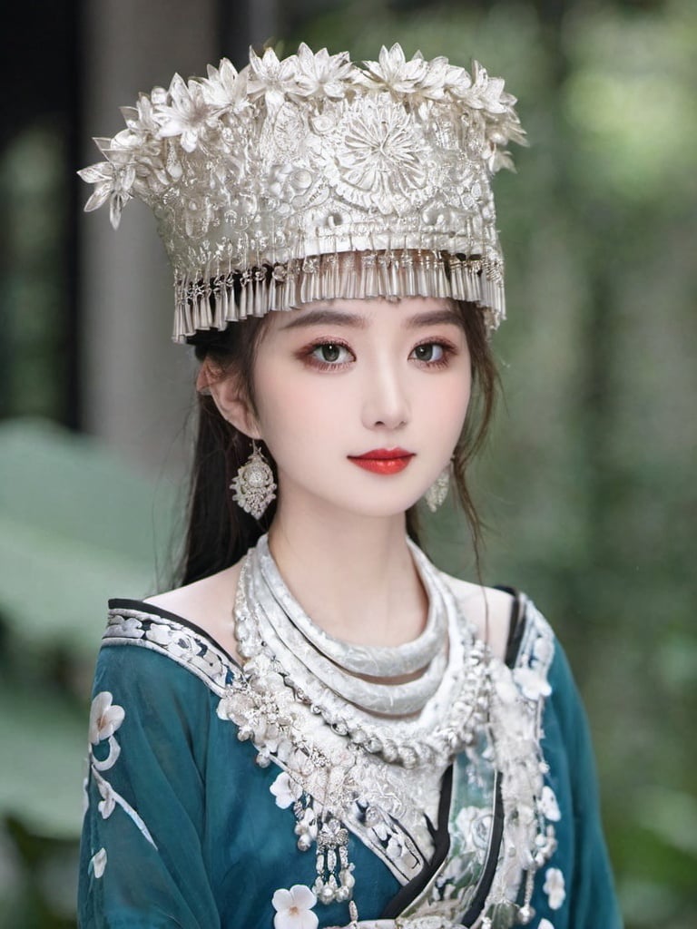 Detailed high, high precision, high quality, the UHD, 16 k, rich details, abundant element, shows that a girl, beautiful, lotus, lotus leaf, pearlygates, traditional clothing, clothing patterns, miao clothing headwear