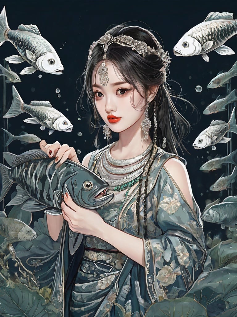 High detailed, High precision, Hyper quality, UHD,16k, Rich details, rich elements, illustration,1girl, beautiful, surrounded by Piranhas fish, sharp teeth, lotus, lotus leaf, pearlygates ,devil,horror,traditional clothes, dark blood theme, scary dress <lora:Hmongbxl-000010:0.8> 