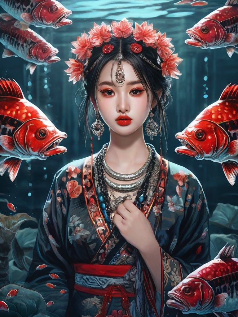 High detailed, High precision, Hyper quality, UHD,16k, Rich details, rich elements, illustration,1girl, beautiful, surrounded by Piranhas fish, sharp teeth, lotus, lotus leaf, pearlygates ,devil,horror,traditional clothes, dark blood theme, scary dress <lora:Hmongbxl-000010:0.7> 