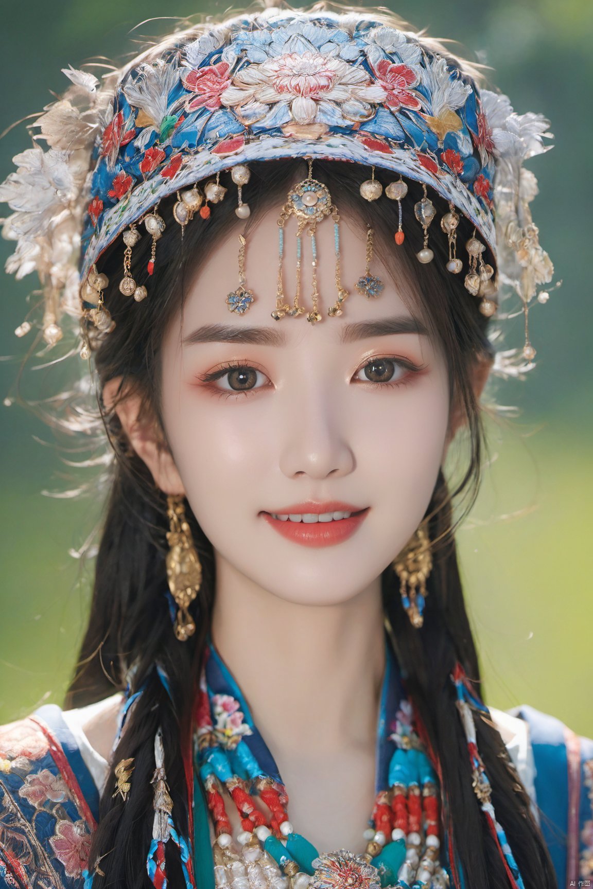  Detailed high, high precision, high quality, the UHD, 16 k, rich details, abundant element, shows that a girl, beautiful, lotus, lotus leaf, pearlygates, traditional clothing, clothing patterns, miao clothing headwear, Face Score, MAJICMIX STYLE