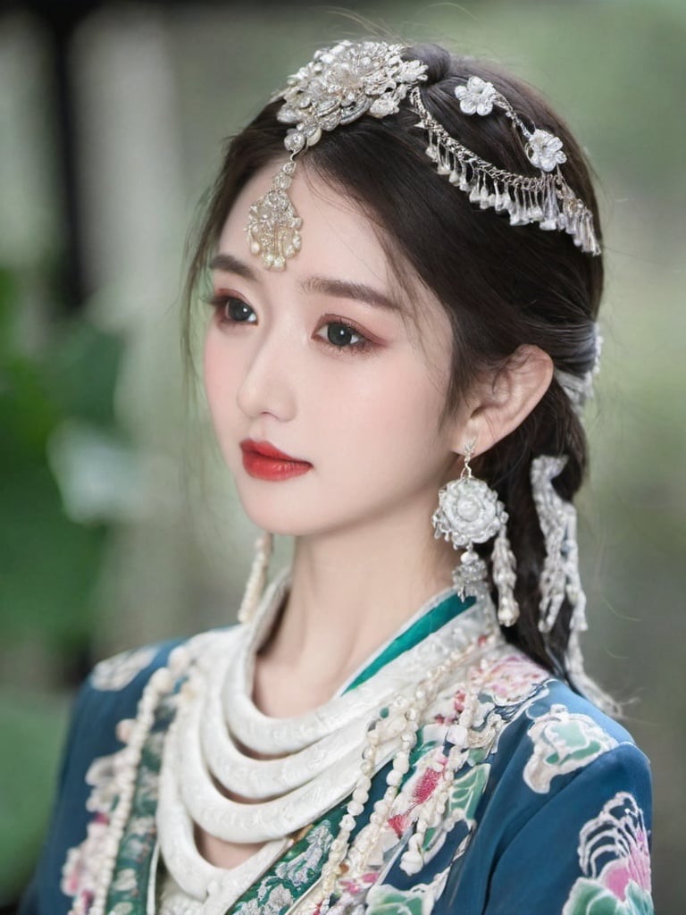 Detailed high, high precision, high quality, the UHD, 16 k, rich details, abundant element, shows that a girl, beautiful, lotus, lotus leaf, pearlygates, traditional clothing, clothing patterns, miao clothing headwear