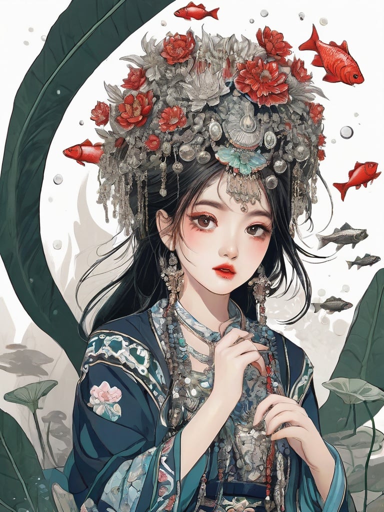 High detailed, High precision, Hyper quality, UHD,16k, Rich details, rich elements, illustration,1girl, beautiful, surrounded by Piranhas fish, sharp teeth, lotus, lotus leaf, pearlygates ,devil,horror,traditional clothes, dark blood theme, scary dress <lora:Hmongbxl-000010:0.8> 