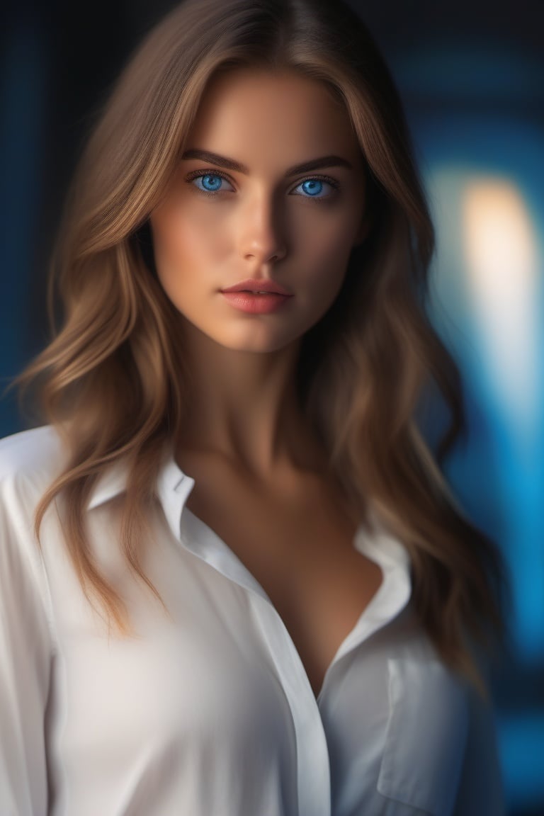 photorealistic, masterpiece, best quality, raw photo, 1girl, long hair, blue eyes, aluring face, medium breast, white shirt, soft lighting, from below