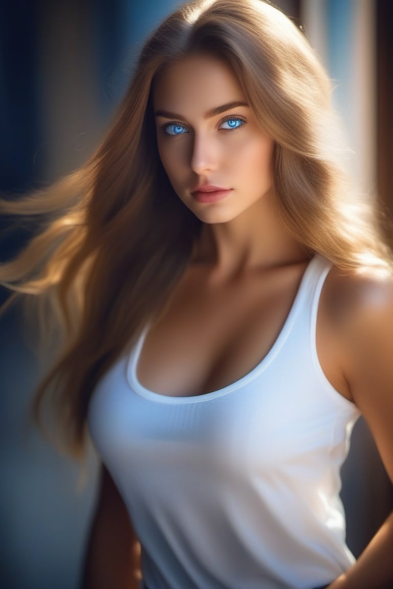 photorealistic, masterpiece, best quality, raw photo, 1girl, long hair, blue eyes, aluring face, medium breast, white shirt, soft lighting, from below