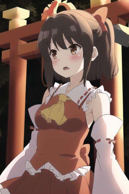 1girl, hakurei_reimu, solo, red_bow, bow, ascot, detached_sleeves, hair_tubes, brown_eyes, brown_hair, hair_bow, blush, yellow_ascot, open_mouth, wide_sleeves, frills, looking_to_the_side, upper_body, ribbon_trim, bangs, bare_shoulders, torii, outdoors, short_hair, breasts, ribbon-trimmed_sleeves, red_skirt, medium_breasts, frilled_bow, white_sleeves, looking_away