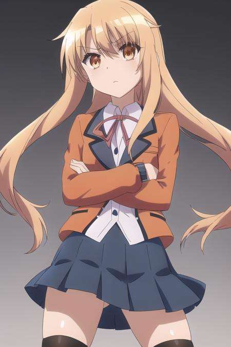 1girl, aisaka_taiga, black_legwear, blue_skirt, cowboy_shot, crossed_arms, gradient, gradient_background, grey_background, jacket, long_hair, neck_ribbon, oohashi_high_school_uniform, orange_hair, pleated_skirt, red_jacket, ribbon, school_uniform, shiny, shiny_hair, shirt, skirt, solo, standing, thighhighs, very_long_hair, zettai_ryouiki