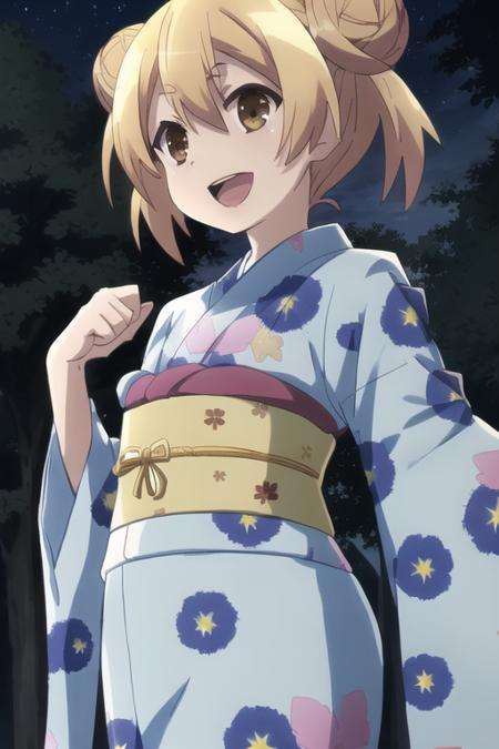 outdoors,night,stars,kimono ,belt, 1girl, smile, short_hair, open_mouth, blonde_hair, brown_eyes, :d, hair_bun, double_bun, 