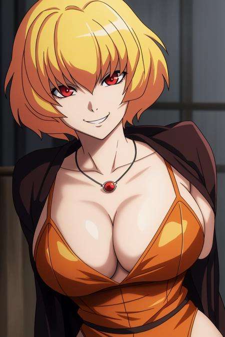 clementine, anime_art_style, solo, looking_at_viewer, smile, short_hair, blonde_hair, red_eyes, 1boy, jewelry, male_focus, necklace, evil_smile