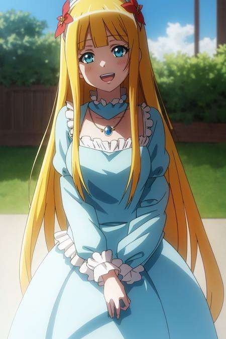 rana, anime_art_style, 1girl, solo, long_hair, looking_at_viewer, smile, open_mouth, blue_eyes, blonde_hair, hair_ornament, dress, jewelry, upper_body, flower, :d, puffy_sleeves, hair_flower, necklace, parody, crown