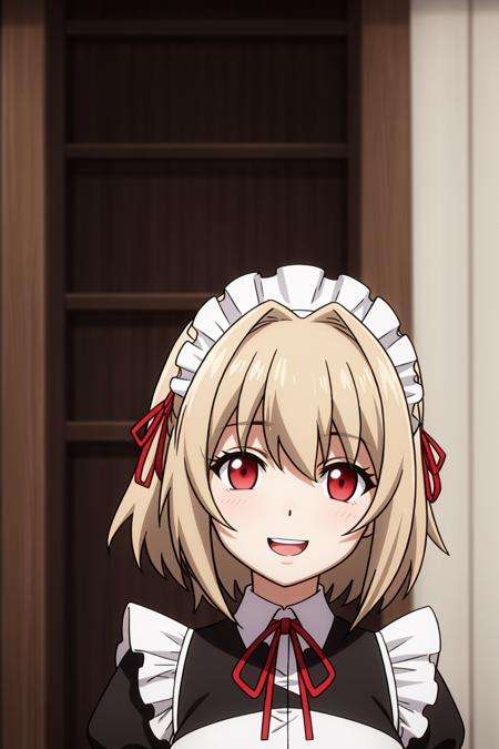 fith, anime_art_style, breasts, looking_at_viewer, smile, short_hair, open_mouth, bangs, multiple_girls, blonde_hair, red_eyes, ribbon, closed_eyes, upper_body, :d, teeth, solo_focus, 3girls, red_ribbon, maid, maid_headdress, neck_ribbon, upper_teeth_only