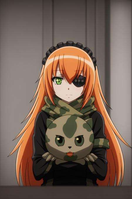 cz2128, anime_art_style, 1girl, solo, looking_at_viewer, closed_mouth, green_eyes, orange_hair, symbol-shaped_pupils, eyepatch, portrait, close-up, camouflage