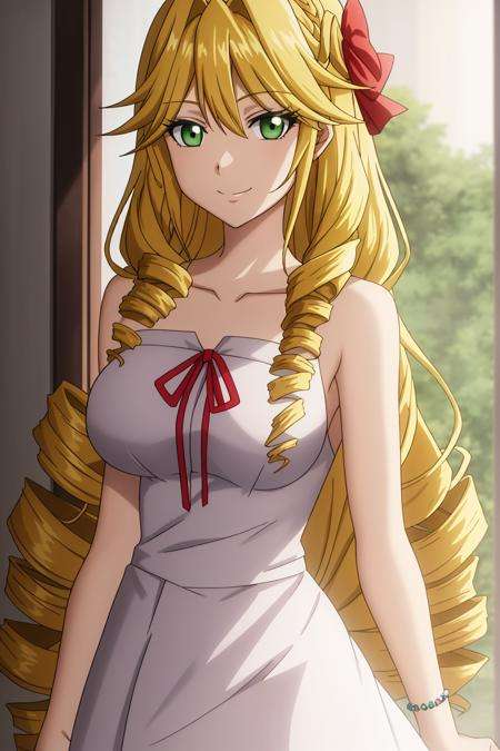 lakyus, anime_art_style, 1girl, solo, long_hair, smile, blonde_hair, dress, closed_mouth, green_eyes, collarbone, upper_body, drill_hair